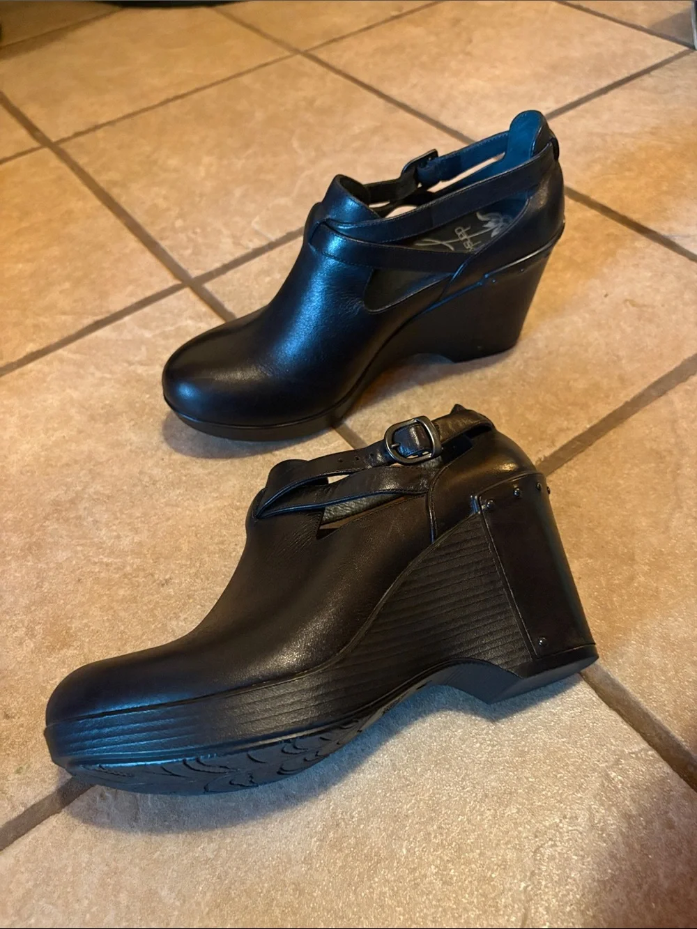 Dansko Black Leather Wedge Ankle Booties with Buckle